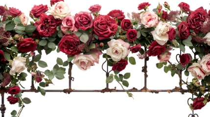 Timeless romance of roses on an antique iron trellis. Red, pink, white blooms on white background. Elegant and classic.