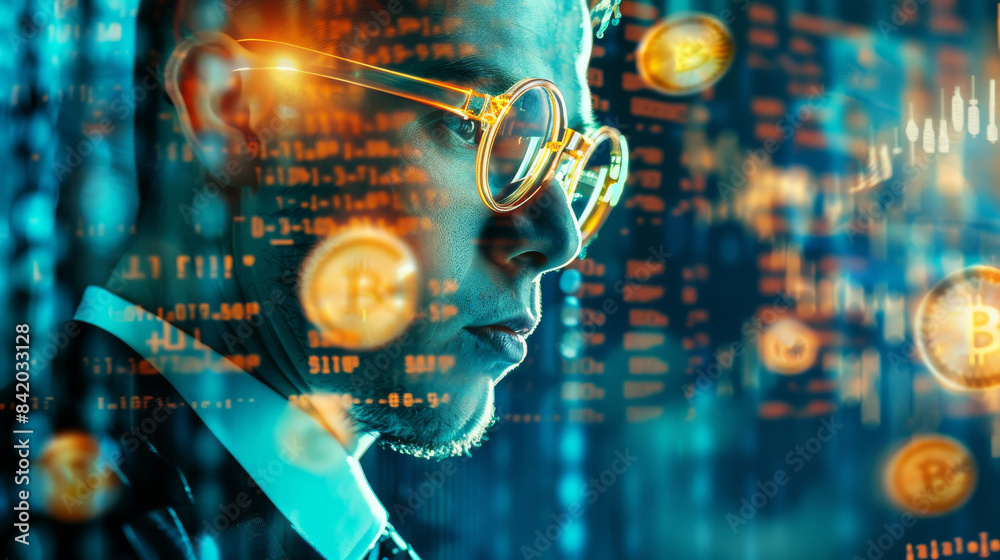 Wall mural Portrait of a young businessman wearing glasses with a double exposure effect of binary code and circuit board.