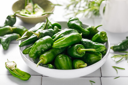 Fresh green Spanish Pimientos de Padron pepper, top view