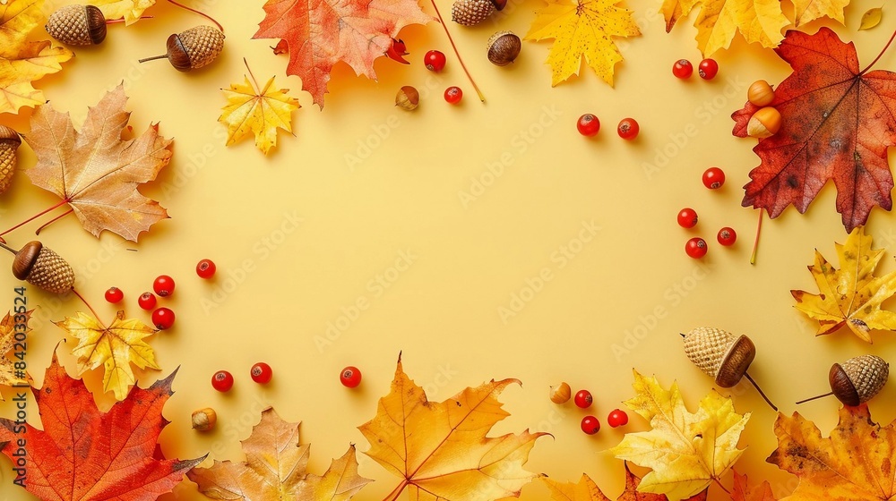 Aufkleber autumn background of yellow and orange maple leaves interspersed with red rowan berries, nuts and ac