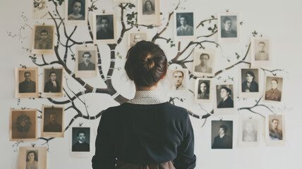 Family tree concept, dna, genes, ancestors. A woman hangs old photographs of her family on the wall. AI generated
