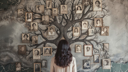 Family tree concept, dna, genes, ancestors. A woman hangs old photographs of her family on the wall. AI generated