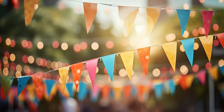 blurred colorful triangular flags backgrounds for summer outdoor event party, vintage tone, celebration background, happy summer time, copy space.

