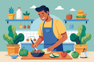 Instead of relying on protein bars and shakes the man makes his own nutritious meals at home incorporating lean proteins and complex carbohydrates.. Vector illustration 