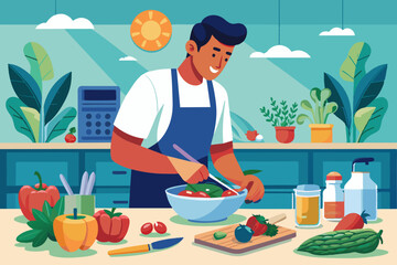 Instead of relying on protein bars and shakes the man makes his own nutritious meals at home incorporating lean proteins and complex carbohydrates.. Vector illustration 