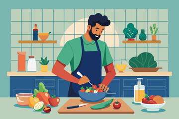 Instead of relying on protein bars and shakes the man makes his own nutritious meals at home incorporating lean proteins and complex carbohydrates.. Vector illustration 