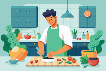 Instead of relying on protein bars and shakes the man makes his own nutritious meals at home incorporating lean proteins and complex carbohydrates.. Vector illustration 