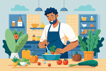 Instead of relying on protein bars and shakes the man makes his own nutritious meals at home incorporating lean proteins and complex carbohydrates.. Vector illustration 