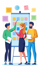 Obraz premium Colleagues brainstorming with sticky notes on a whiteboard vector