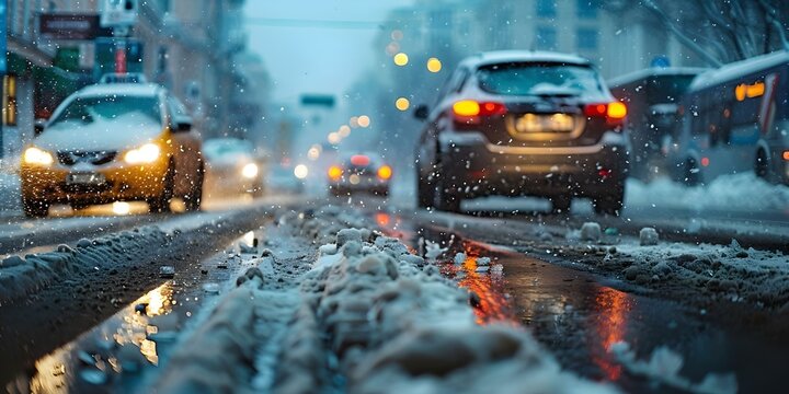 Accidents caused by dangerous icy snowstorms and poor road conditions in the city. Concept Winter Driving Hazards, Slippery Roads, Snowstorm Safety, Traffic Collision Prevention