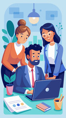 Business team reviewing a project plan on a laptop vector