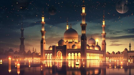 Naklejka premium Peaceful Ramadan Nights with Illuminated Mosque