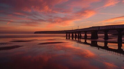 Serene sunset over tranquil beach, reflecting colorful sky with peaceful pier on calm water, capturing nature's beauty and stillness