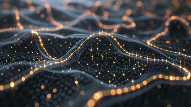 Global big data network with futuristic glowing particles and optic connections. Abstract technology background with binary code, neon mesh. Innovation, speed, and online connectivity in cyberspace.