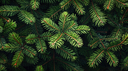 Fir tree background banner, Christmas tree branches green texture, no decorations