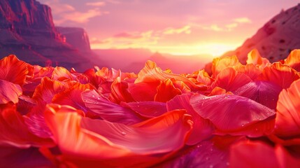 Stunning sunset view over a field of vibrant pink flower petals, set against a majestic mountain range in the distance.