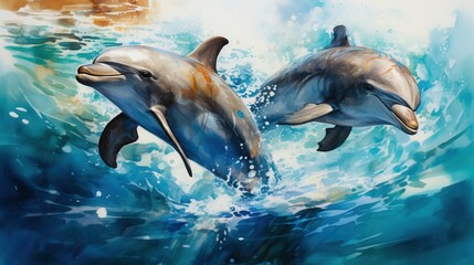 Obraz premium Two playful dolphins swimming together in vibrant ocean waters, creating splashes and waves, depicted through colorful artwork.