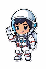 Obraz premium Cute astronaut wearing space suit, waving hand, space themed cartoon sticker isolated on white background