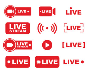 Set of live streaming icons. Red symbols and buttons of live streaming, broadcasting, online stream. Lower third template for tv, shows, movies and live performances. Vector
