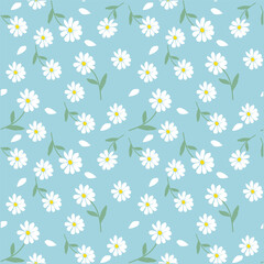 Seamless pattern with daisy flowers on blue background, Hand-drawn daisy flowers .botanical elements, Ink drawings of wildflowers,vector illustration natural background.eps 10.