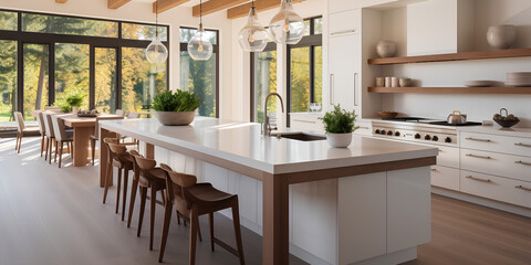 Kitchen interior in beautiful new luxury home with kitchen island and wooden floor, bright modern minimal style, with copy space.
