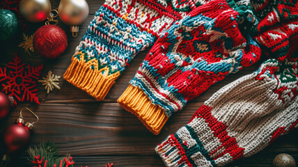 Flat lay of colorful National Ugly Christmas Sweater Day decorations