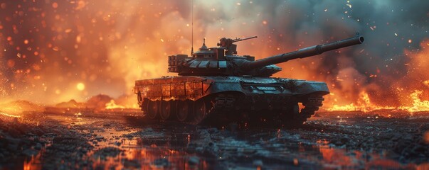 Dramatic depiction of tank in fiery battlefield, intense military combat scene