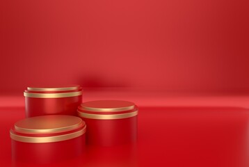Red realistic 3D cylinder pedestal podium as backdrop and bright light. Illuminated background evokes a spotlight feeling