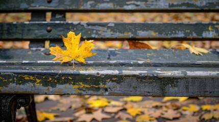 Autumn Scene Yellow Leaf Resting on Weathered Park Bench
