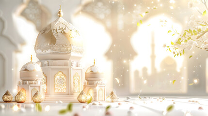 Obraz premium Golden Mosque and Lanterns Islamic Background with Sculpted Imposing Monumentality Sculpted Splendor: Grand Mosque and Lanterns Illuminate Islamic Background