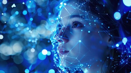 AI-generated image of a woman's face with blue digital network overlay, showcasing futuristic technology and innovation in a dreamy, ethereal setting.