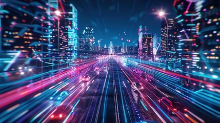 Naklejka premium Vibrant futuristic city at night with neon lights and fast moving traffic, illustrating technology and urban life.
