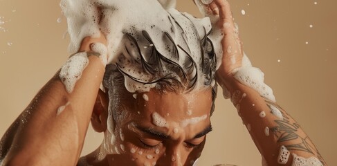 Close-up of a man lathering his hair with shampoo creating thick foam ideal for hair care product advertisements and tutorials