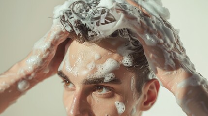 Close-up of a man lathering his hair with shampoo creating thick foam ideal for hair care product advertisements and tutorials