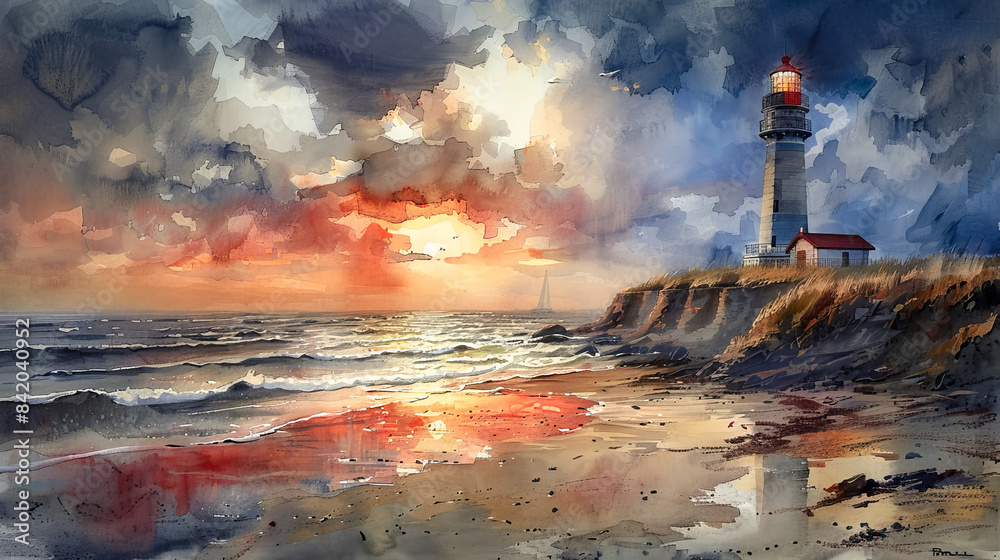 Wall mural Lighthouse on the coast in watercolor