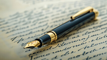 Fototapeta premium Fountain pen resting on handwritten document. Generative ai
