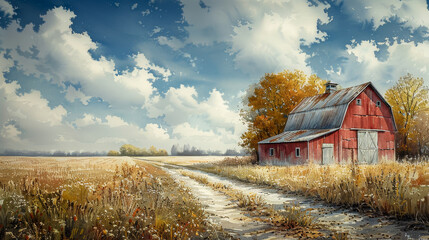 Watercolor: Old barn in the field