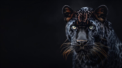 Obraz premium Front view of Panther on black background. Wild animals banner with copy space. Predator series. digital art