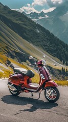 Elegant summer road trip with a maroon scooter on a mountain pass, ideal for stock images