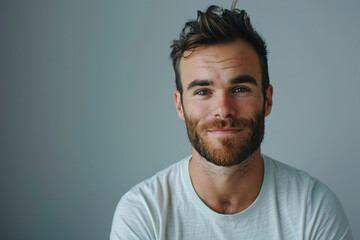 A close up portrait of a young man with a subtle smile