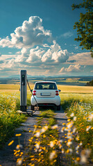 Electric car charging renewable energy at a sustainable charging station in the countryside