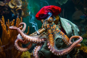 Obraz premium Artistic Octopus in Painter's Beret and Smock, Smoking a Cigar, Underwater Art Studio, Coral Reef, Copy Space