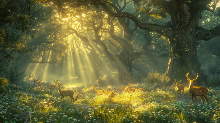 Enchanting Forest Glade with Grazing Deer - Ethereal Woodland Scene