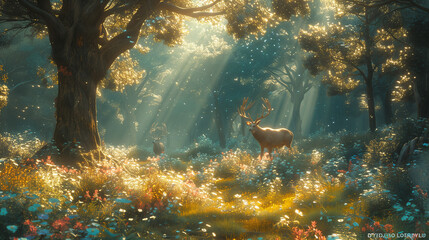 Mystical Forest Glade with Enchanting Wildlife - Ethereal Woodland Oasis