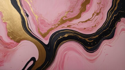 Abstract acrylic paint pour painting background with pink, gold, and black colors