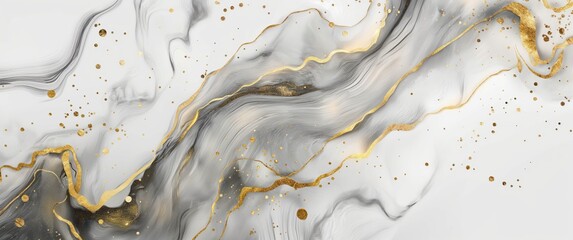 Obraz premium Luxurious Marble Elegance, White Background with Gold Edges, Featuring Gray and Black Marble Patterns