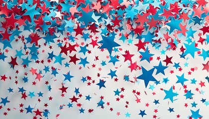 Illustration of bright blue and red stars confetti for American holiday, festive celebration,