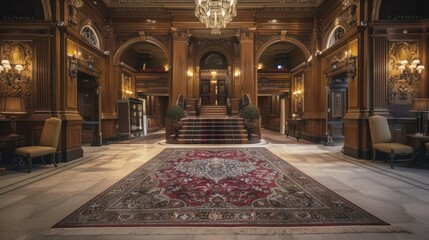 Obraz premium Luxury hotel lobby with ornate decor and chandelier, featuring grand staircase and elegant rug