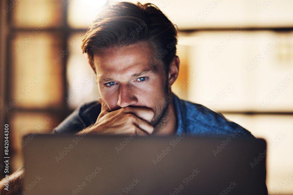 Aufkleber research, thinking and laptop for man, night and reading for deadline, web designer and creative in 