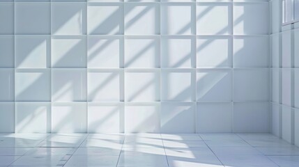 Abstract minimalist white room with geometric patterned wall and bright natural light